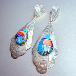 Native American Pete Sanchez Multi Gemstone Inlay Sterling Silver 3" Earrings